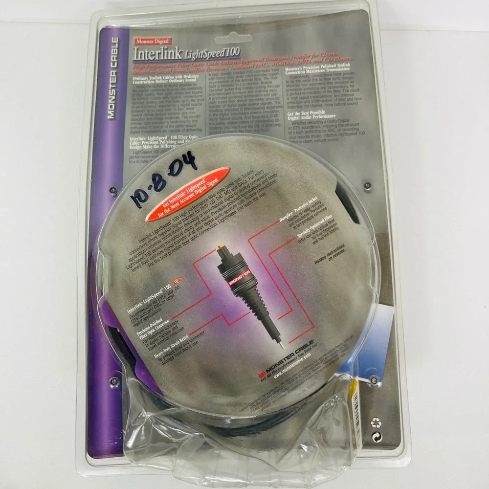 Monster Interlink LightSpeed 100 Digital Fiber Optic Toslink Cable 2m Black NEW